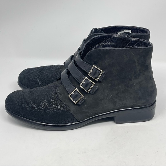 NAOT Calima Ankle Boots Womens 8 Black Crackled Leather 3 Buckle Straps Side Zip - Picture 4 of 13